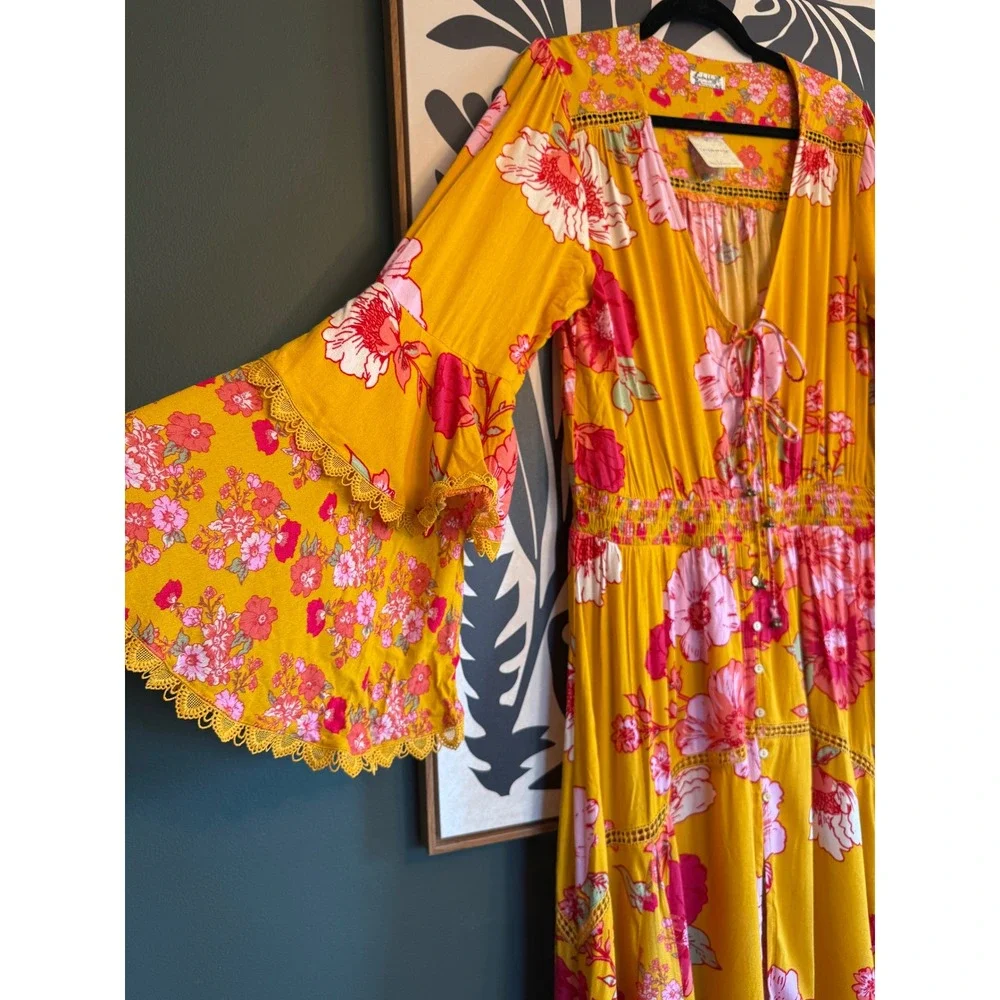 Free People Intimately Penny Printed Maxi Bodysuit Gold Floral Boho Dress M